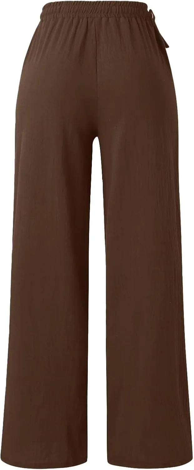 PTOLOCIF Womens Casual Linen Pants High Waisted Long Palazzo Pants Wide Leg Cotton Linen Lounge Pant Trousers with Pockets