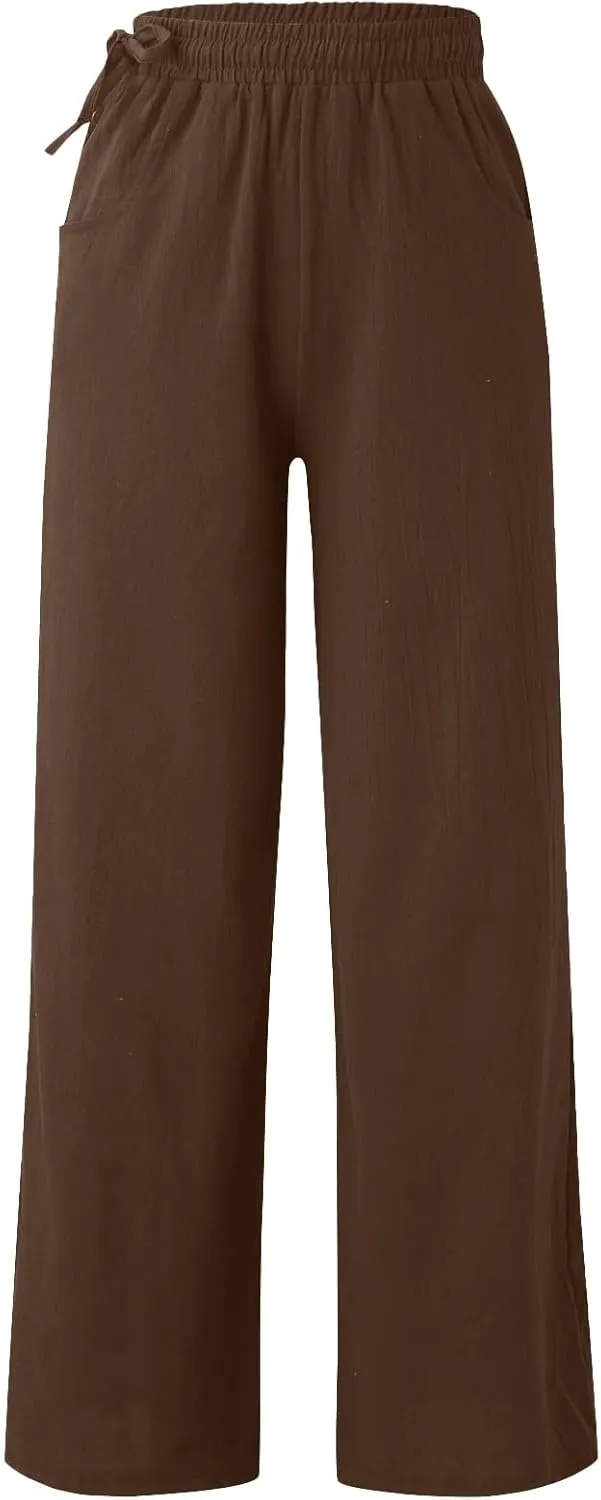 PTOLOCIF Womens Casual Linen Pants High Waisted Long Palazzo Pants Wide Leg Cotton Linen Lounge Pant Trousers with Pockets