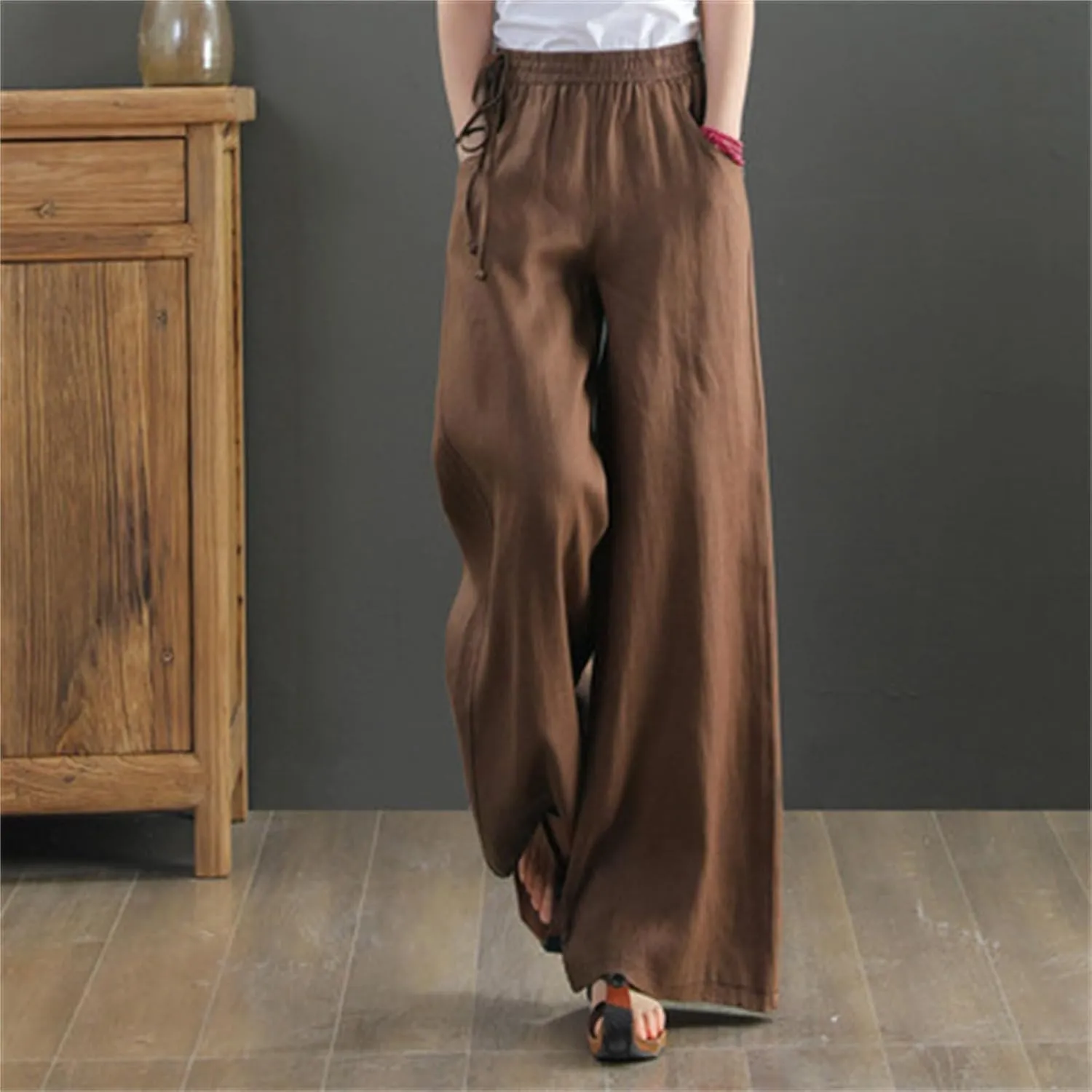 PTOLOCIF Womens Casual Linen Pants High Waisted Long Palazzo Pants Wide Leg Cotton Linen Lounge Pant Trousers with Pockets