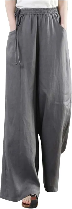 PTOLOCIF Womens Casual Linen Pants High Waisted Long Palazzo Pants Wide Leg Cotton Linen Lounge Pant Trousers with Pockets