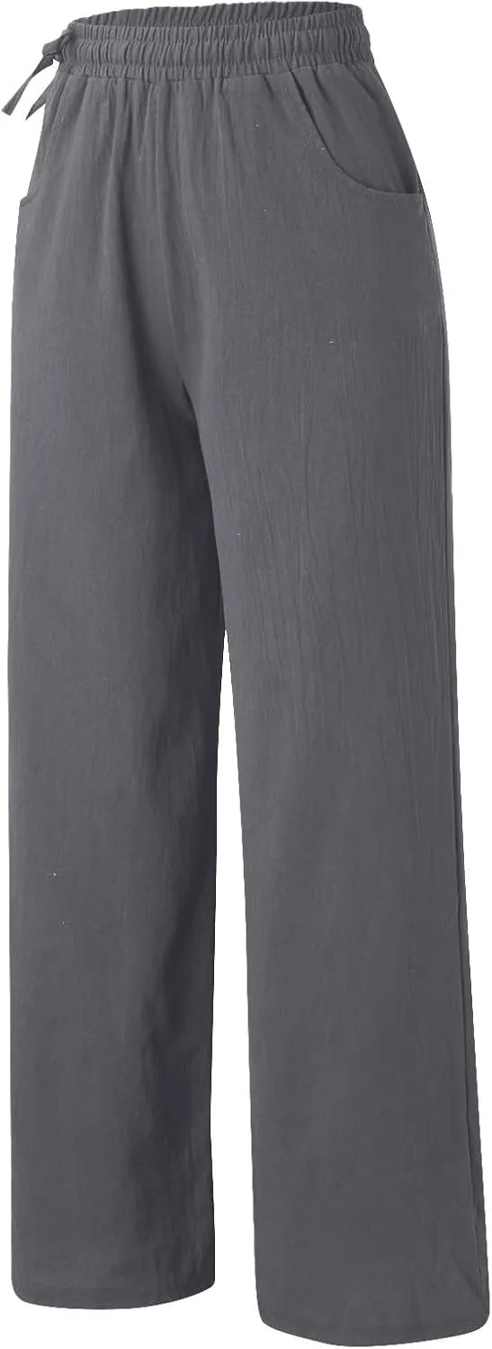 PTOLOCIF Womens Casual Linen Pants High Waisted Long Palazzo Pants Wide Leg Cotton Linen Lounge Pant Trousers with Pockets