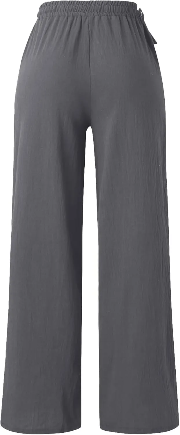 PTOLOCIF Womens Casual Linen Pants High Waisted Long Palazzo Pants Wide Leg Cotton Linen Lounge Pant Trousers with Pockets