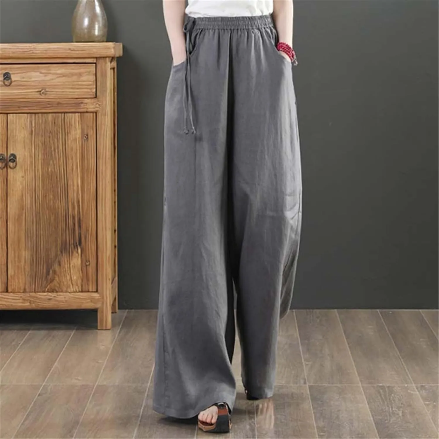 PTOLOCIF Womens Casual Linen Pants High Waisted Long Palazzo Pants Wide Leg Cotton Linen Lounge Pant Trousers with Pockets