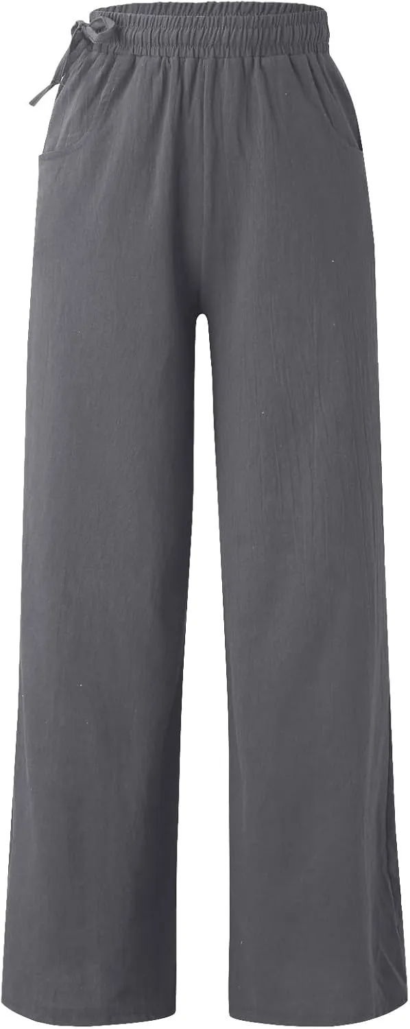 PTOLOCIF Womens Casual Linen Pants High Waisted Long Palazzo Pants Wide Leg Cotton Linen Lounge Pant Trousers with Pockets