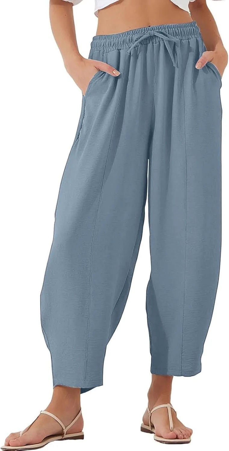 PTOLOCIF Womens Casual Linen Pants High Waisted Wide Leg Palazzo Pant Drawstring Casual Loose Pants Trousers with Pockets
