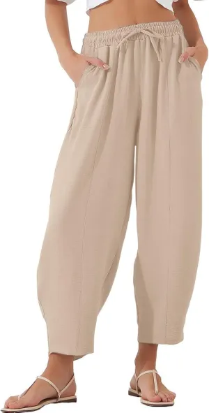 PTOLOCIF Womens Casual Linen Pants High Waisted Wide Leg Palazzo Pant Drawstring Casual Loose Pants Trousers with Pockets