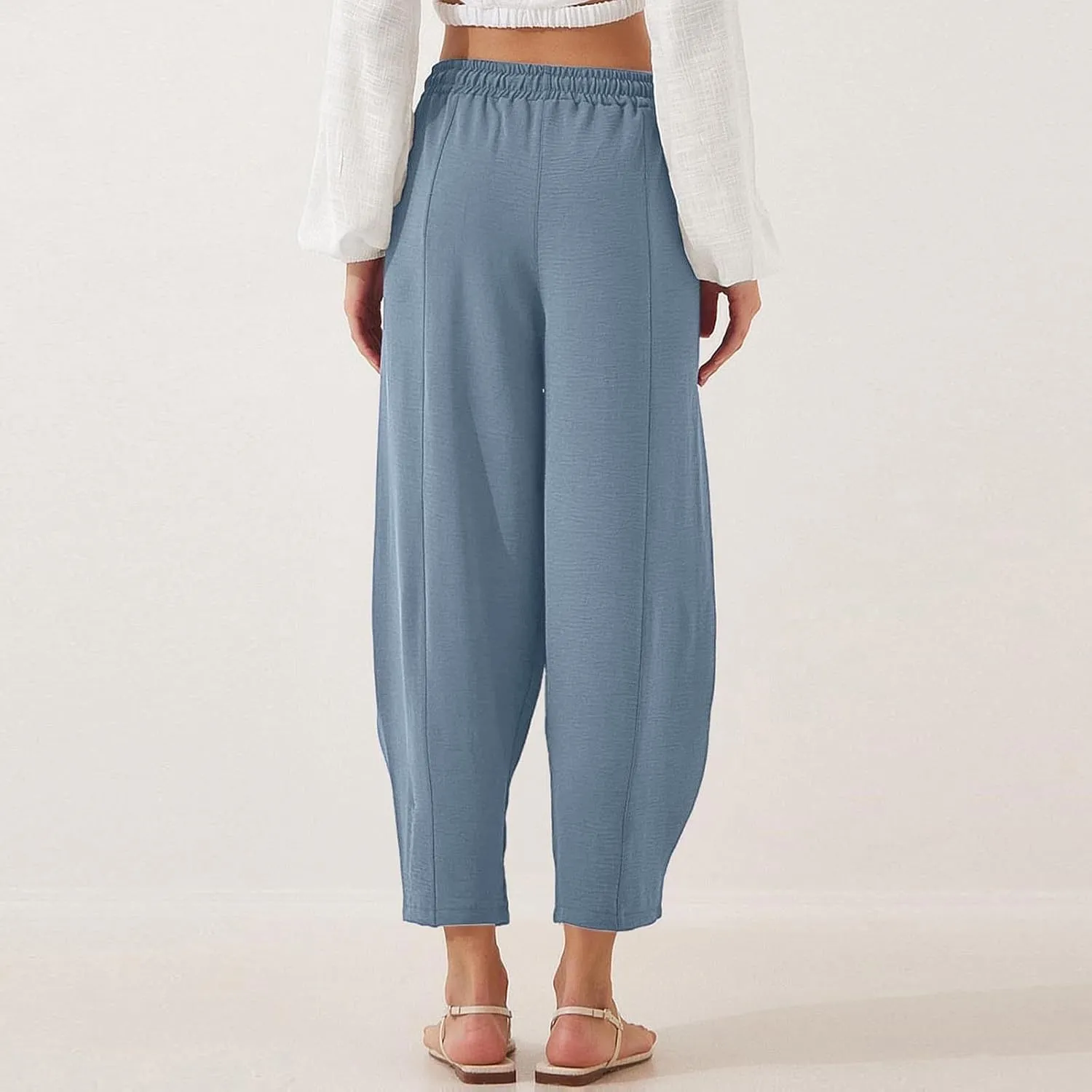 PTOLOCIF Womens Casual Linen Pants High Waisted Wide Leg Palazzo Pant Drawstring Casual Loose Pants Trousers with Pockets