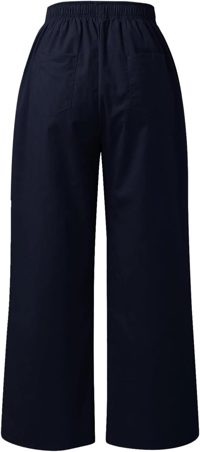 PTOLOCIF Womens Casual Linen Pants Straight Leg Dress Pants High Waist Cotton Linen Pant Flowy Wide Leg Summer Boho Trousers