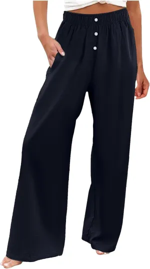 PTOLOCIF Womens Casual Linen Pants Straight Leg Dress Pants High Waist Cotton Linen Pant Flowy Wide Leg Summer Boho Trousers