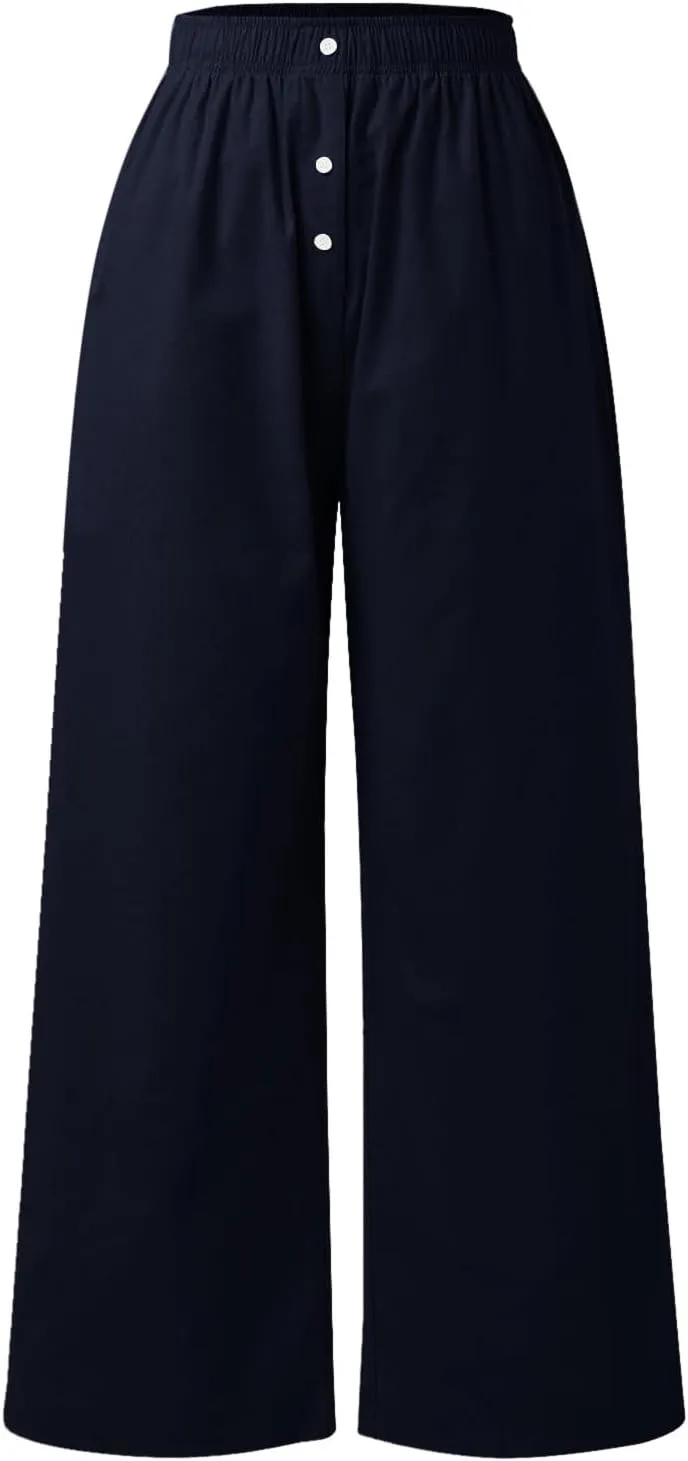 PTOLOCIF Womens Casual Linen Pants Straight Leg Dress Pants High Waist Cotton Linen Pant Flowy Wide Leg Summer Boho Trousers