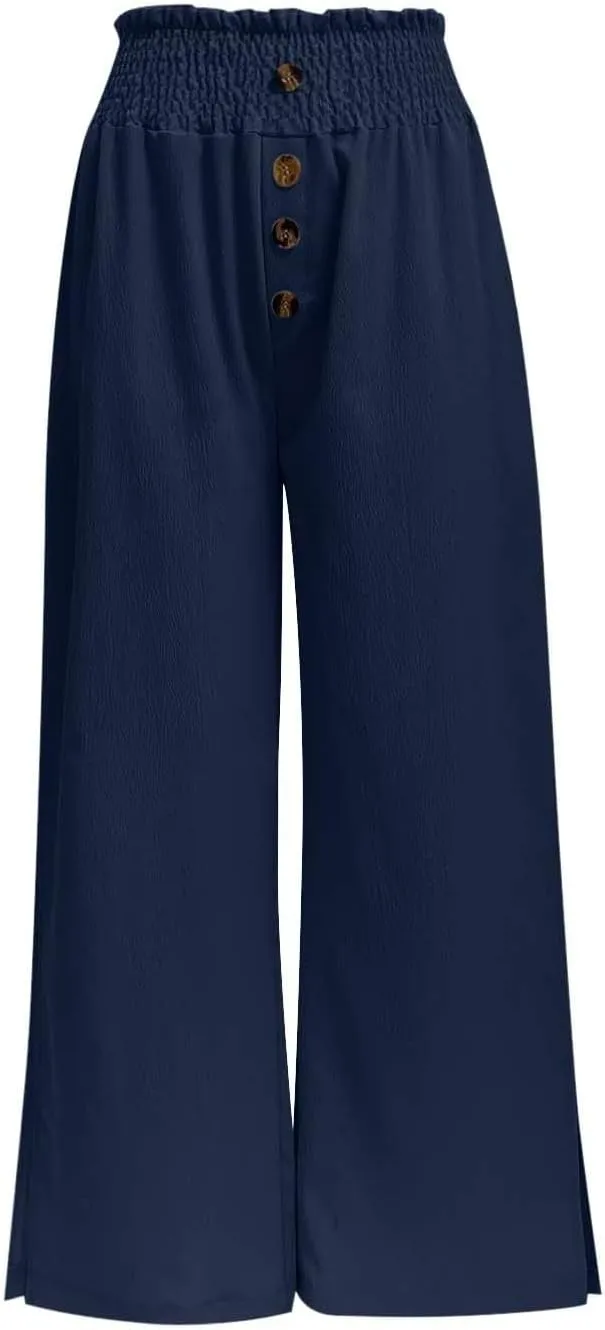 PTOLOCIF Womens Casual Linen Pants Straight Leg Dress Pants High Waist Cotton Linen Pant Flowy Wide Leg Summer Boho Trousers