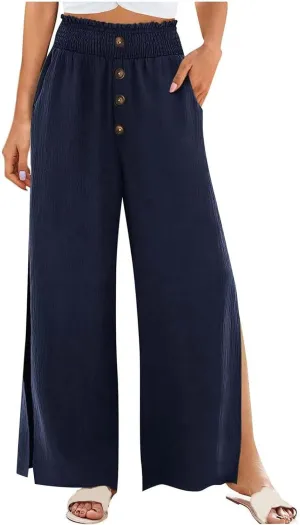 PTOLOCIF Womens Casual Linen Pants Straight Leg Dress Pants High Waist Cotton Linen Pant Flowy Wide Leg Summer Boho Trousers