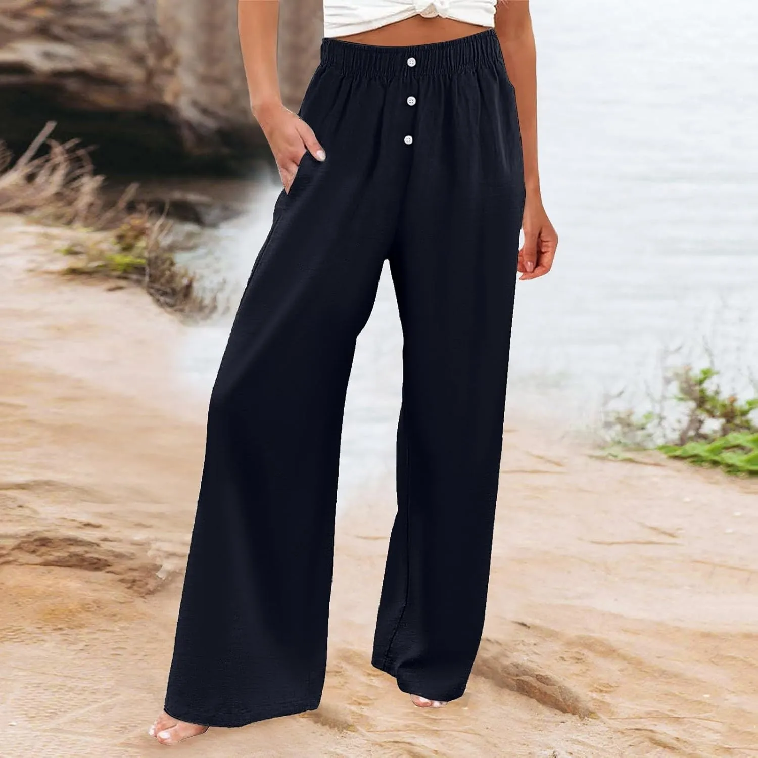 PTOLOCIF Womens Casual Linen Pants Straight Leg Dress Pants High Waist Cotton Linen Pant Flowy Wide Leg Summer Boho Trousers