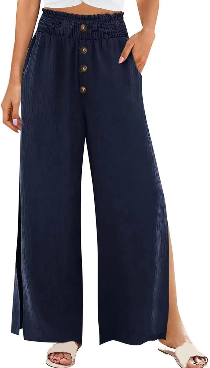PTOLOCIF Womens Casual Linen Pants Straight Leg Dress Pants High Waist Cotton Linen Pant Flowy Wide Leg Summer Boho Trousers