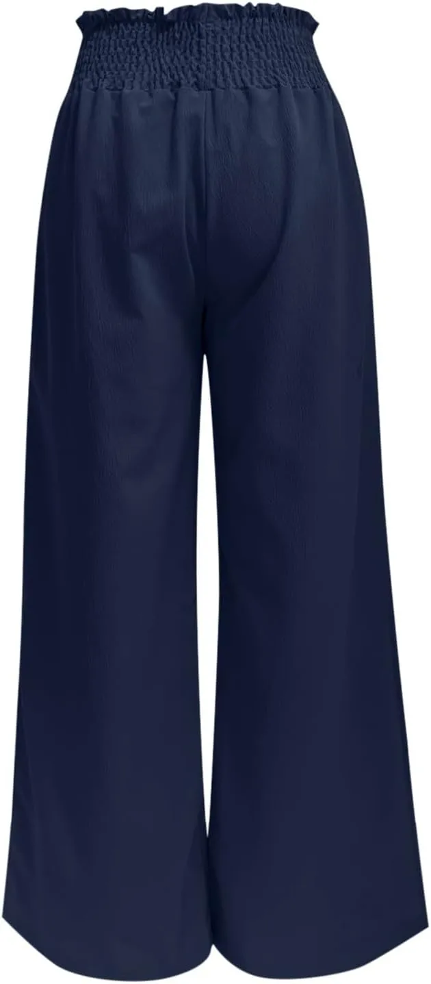 PTOLOCIF Womens Casual Linen Pants Straight Leg Dress Pants High Waist Cotton Linen Pant Flowy Wide Leg Summer Boho Trousers