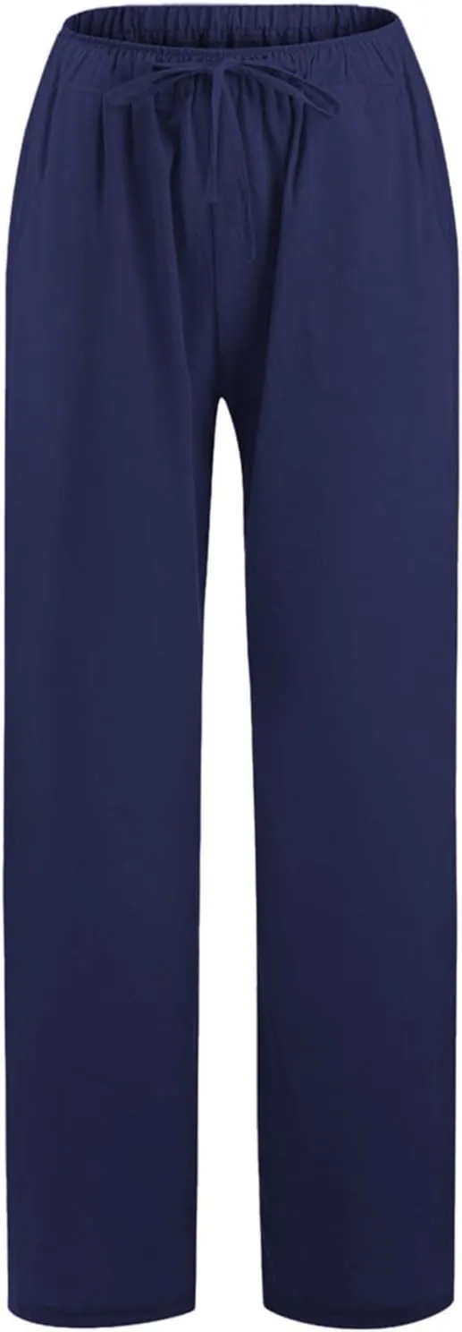 PTOLOCIF Womens Casual Linen Pants Summer Drawstring Elastic Waist Pants Wide Leg Cropped Lounge Trousers with Pockets