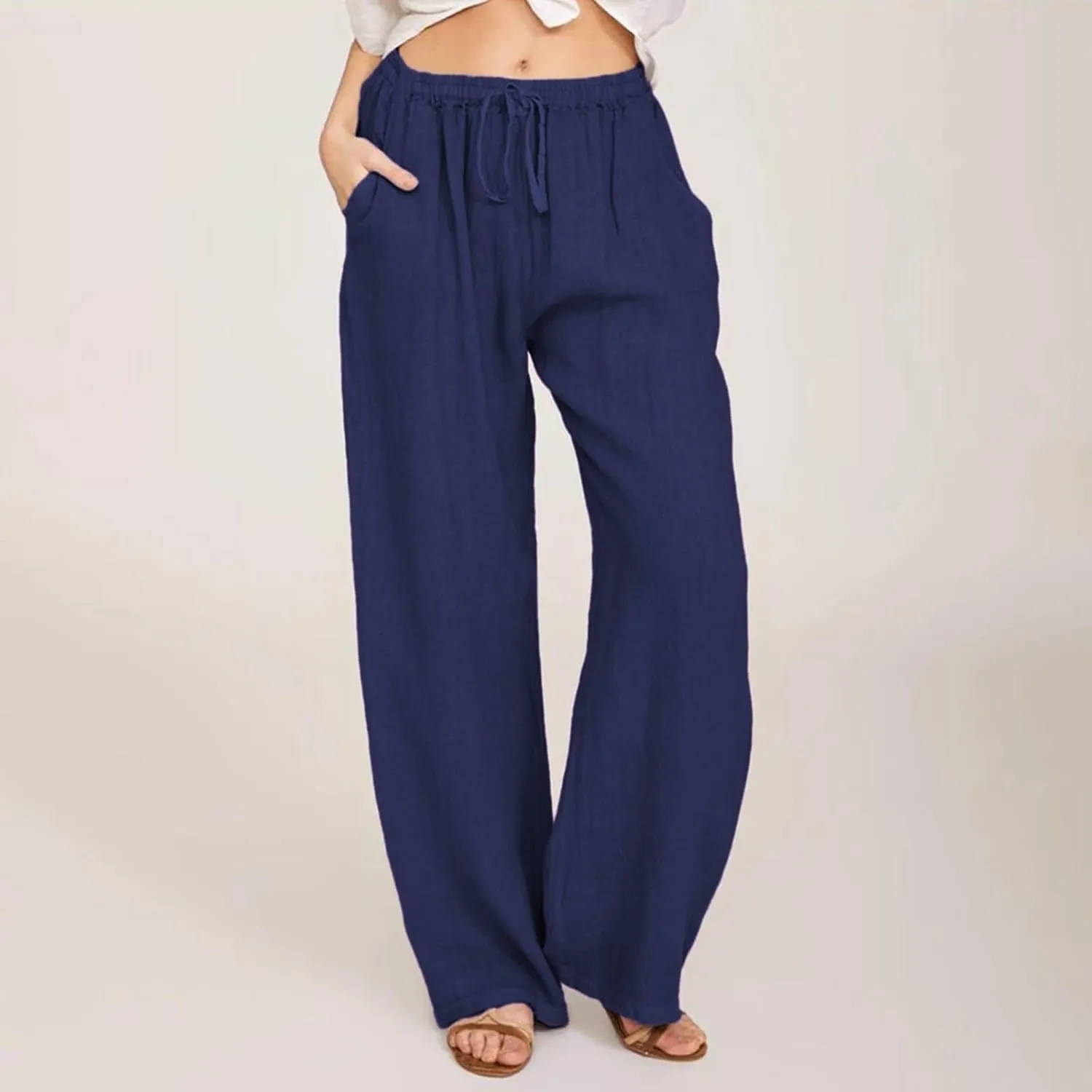 PTOLOCIF Womens Casual Linen Pants Summer Drawstring Elastic Waist Pants Wide Leg Cropped Lounge Trousers with Pockets