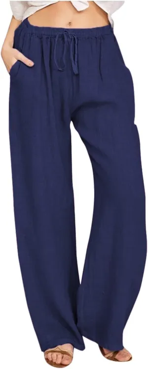 PTOLOCIF Womens Casual Linen Pants Summer Drawstring Elastic Waist Pants Wide Leg Cropped Lounge Trousers with Pockets
