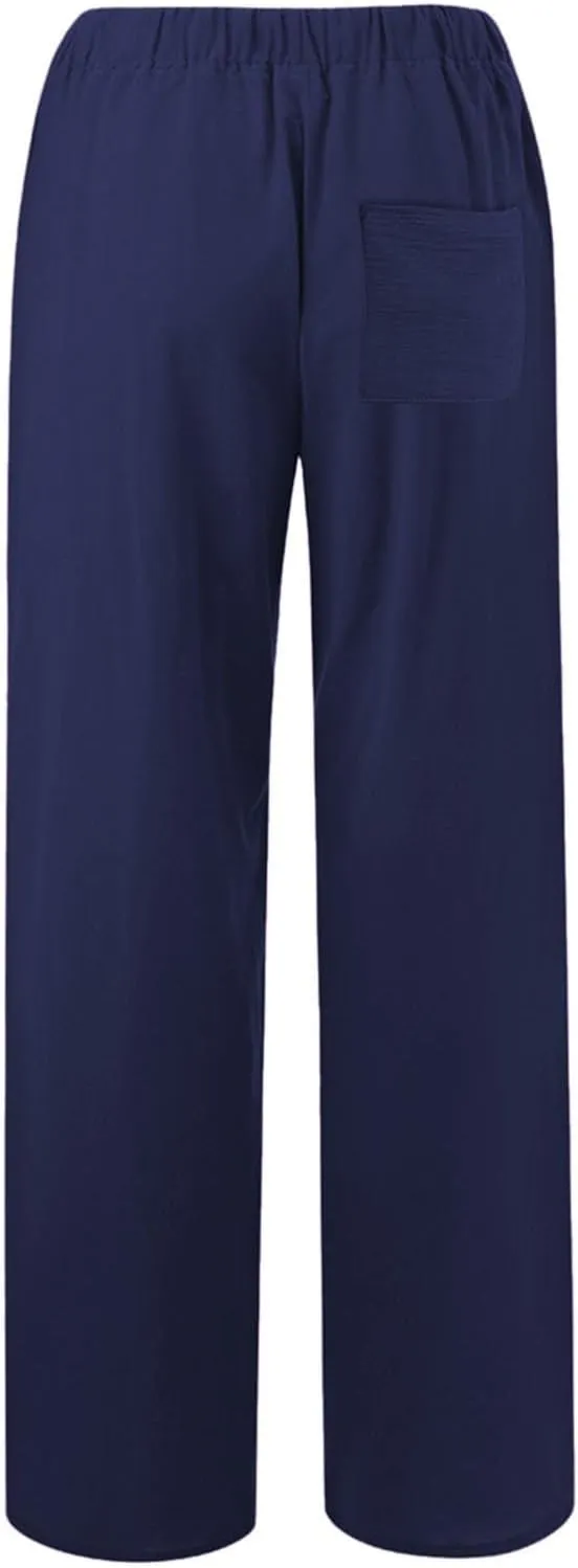 PTOLOCIF Womens Casual Linen Pants Summer Drawstring Elastic Waist Pants Wide Leg Cropped Lounge Trousers with Pockets