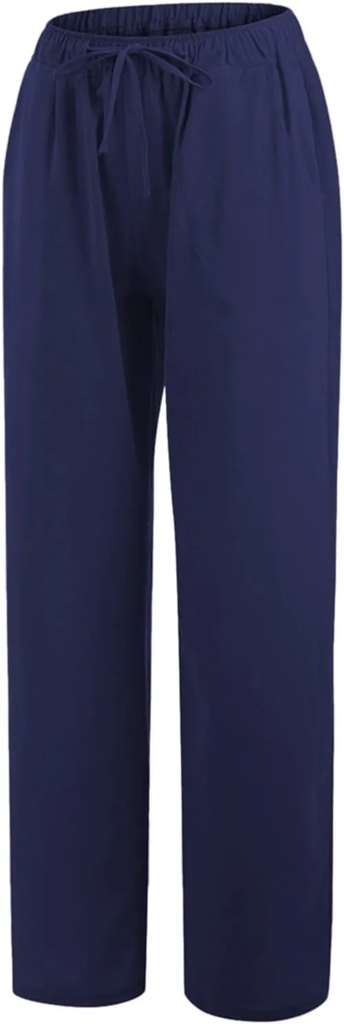 PTOLOCIF Womens Casual Linen Pants Summer Drawstring Elastic Waist Pants Wide Leg Cropped Lounge Trousers with Pockets