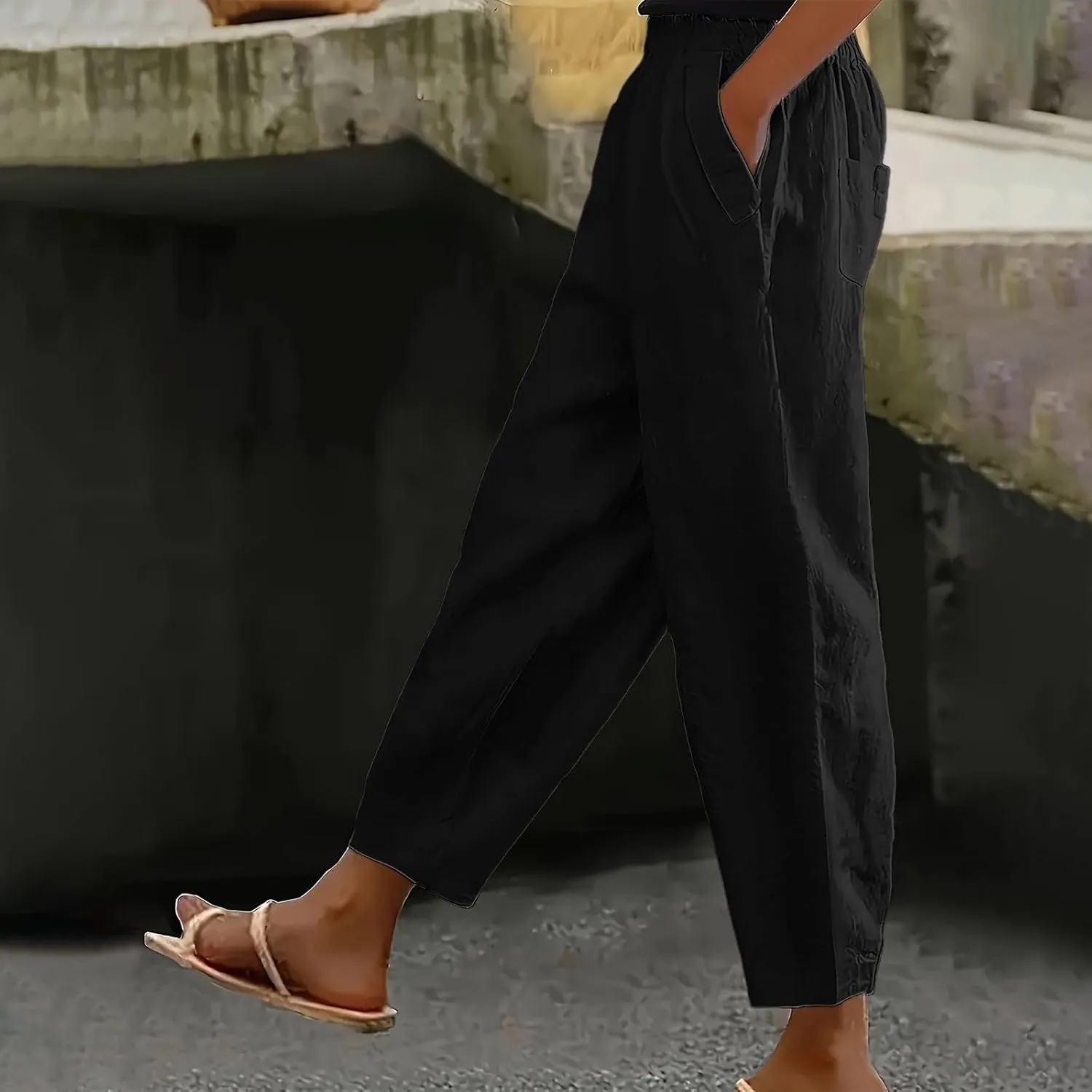 PTOLOCIF Womens Casual Linen Pants Summer Flowy High Waisted Beach Pants Flowy Wide Leg Palazzo Trousers with Pcokets