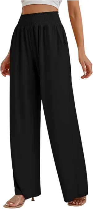 PTOLOCIF Womens Casual Linen Pants Wide Leg Casual Loose Pants High Waisted Drawstring Palazzo Capri Trousers with Pockets