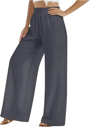 PTOLOCIF Womens Casual Linen Pants Wide Leg Casual Loose Pants High Waisted Drawstring Palazzo Capri Trousers with Pockets