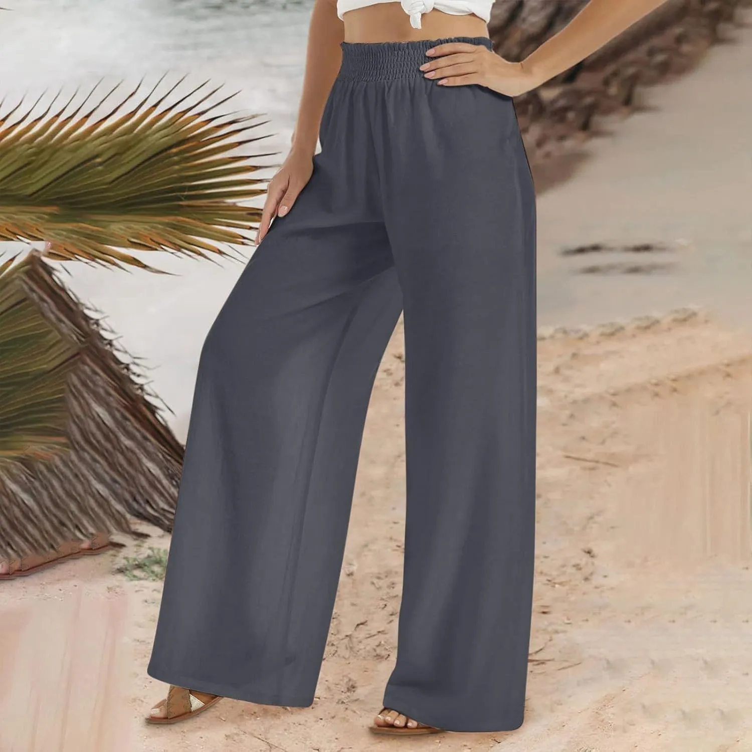 PTOLOCIF Womens Casual Linen Pants Wide Leg Casual Loose Pants High Waisted Drawstring Palazzo Capri Trousers with Pockets
