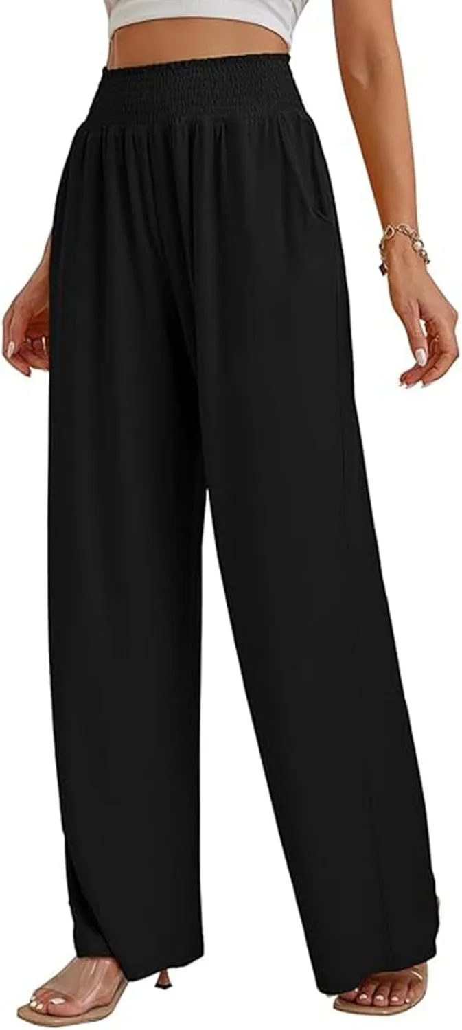 PTOLOCIF Womens Casual Linen Pants Wide Leg Casual Loose Pants High Waisted Drawstring Palazzo Capri Trousers with Pockets