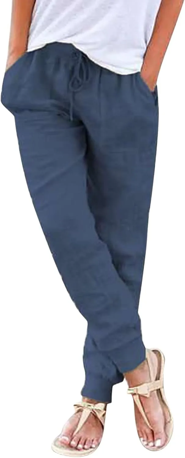 PTOLOCIF Women's Cotton Linen Pants Drawstring Back Elastic Waist Pants High Waist Casual Lounge Trousers with Pockets