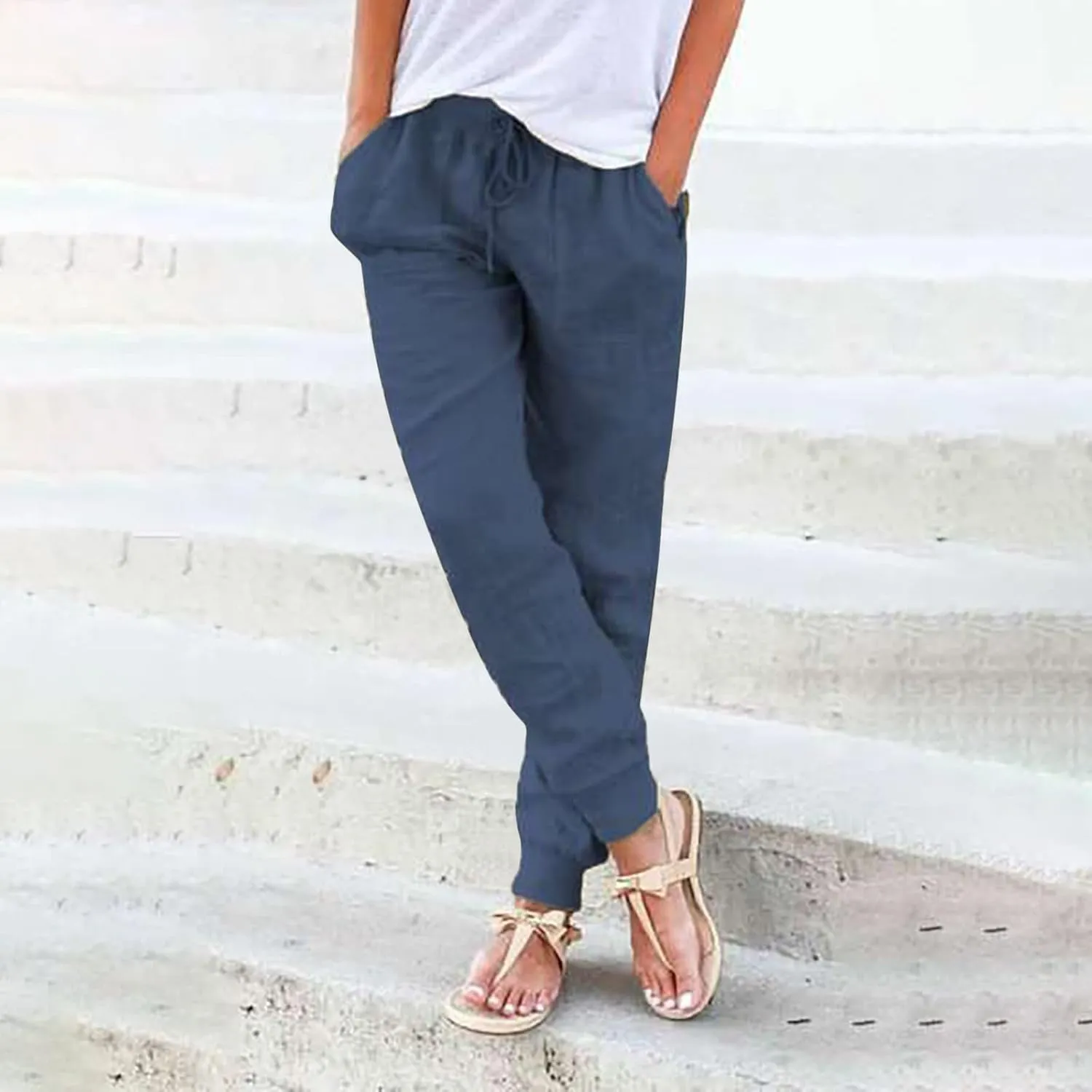 PTOLOCIF Women's Cotton Linen Pants Drawstring Back Elastic Waist Pants High Waist Casual Lounge Trousers with Pockets