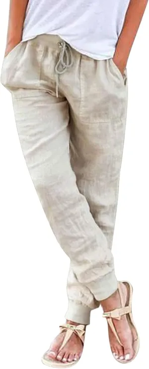 PTOLOCIF Women's Cotton Linen Pants Drawstring Back Elastic Waist Pants High Waist Casual Lounge Trousers with Pockets