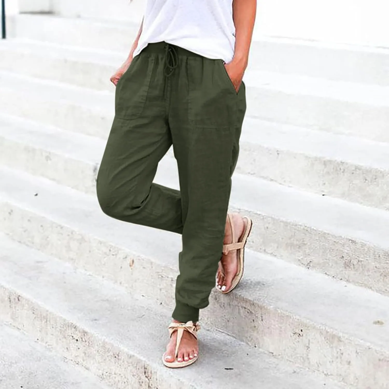 PTOLOCIF Women's Cotton Linen Pants Drawstring Back Elastic Waist Pants High Waist Casual Lounge Trousers with Pockets