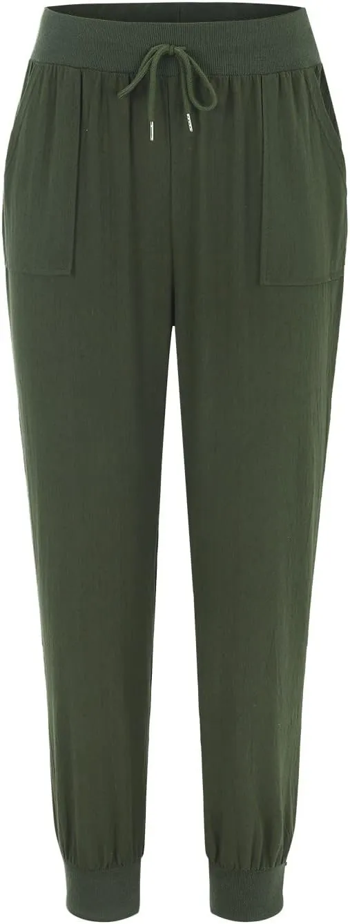 PTOLOCIF Women's Cotton Linen Pants Drawstring Back Elastic Waist Pants High Waist Casual Lounge Trousers with Pockets