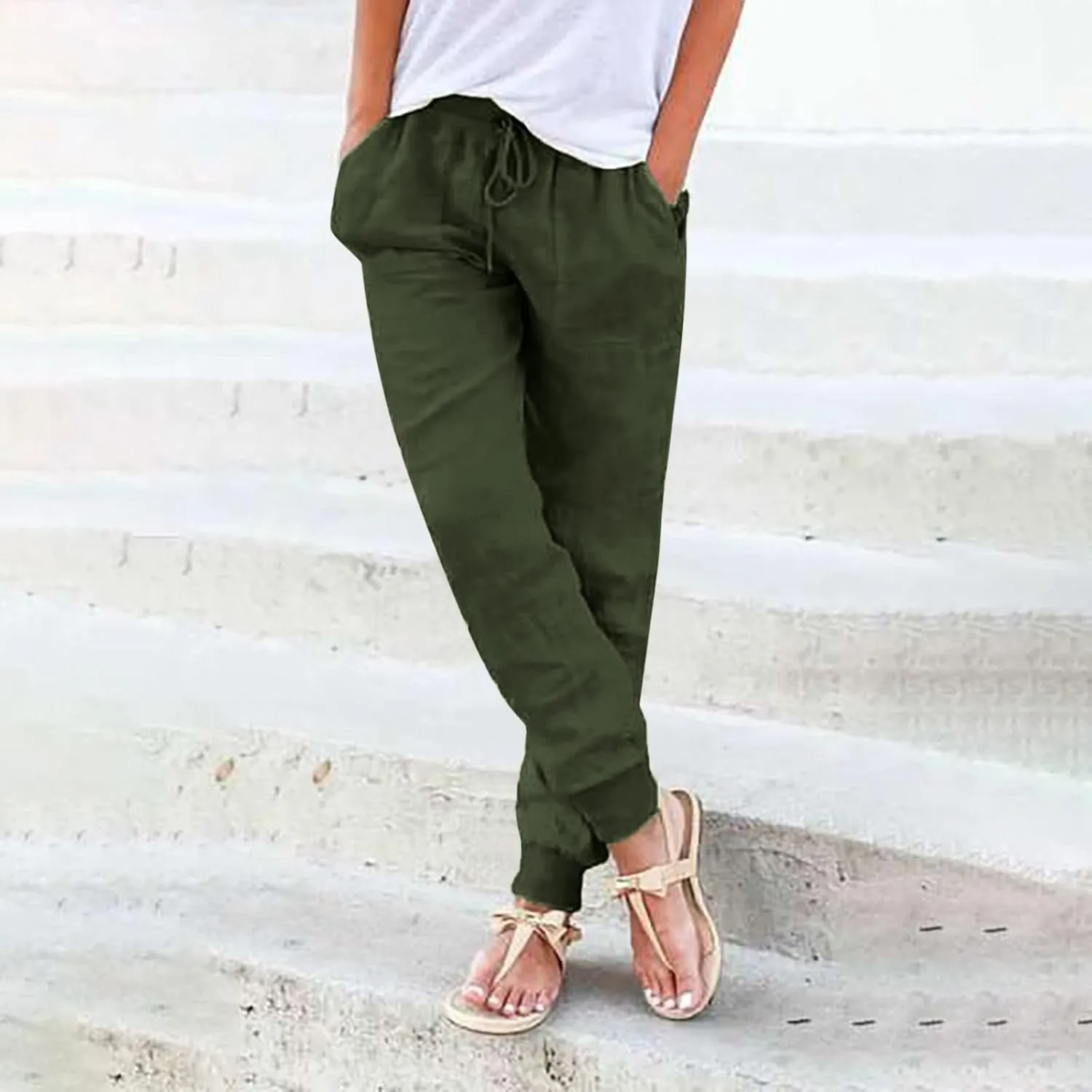 PTOLOCIF Women's Cotton Linen Pants Drawstring Back Elastic Waist Pants High Waist Casual Lounge Trousers with Pockets