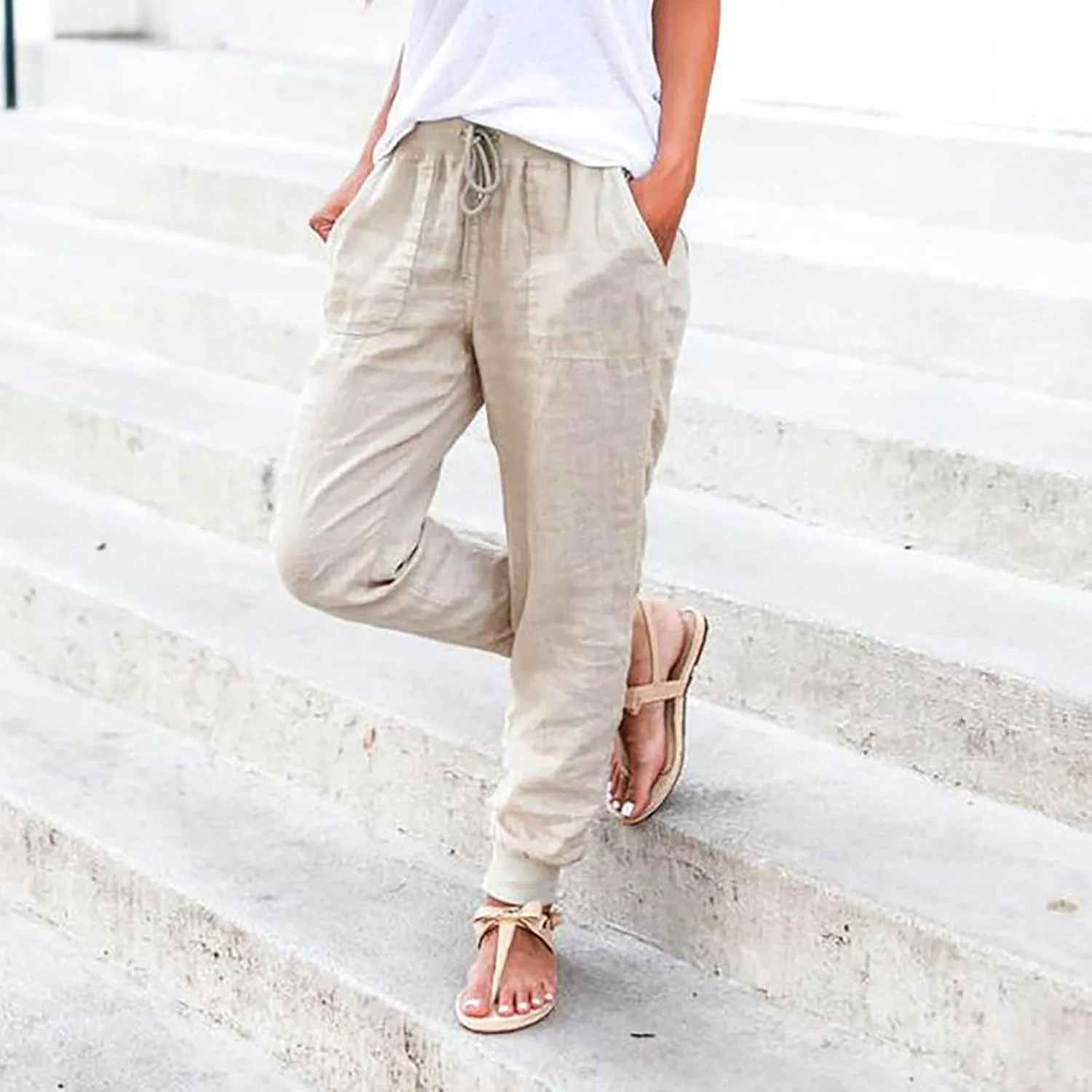 PTOLOCIF Women's Cotton Linen Pants Drawstring Back Elastic Waist Pants High Waist Casual Lounge Trousers with Pockets
