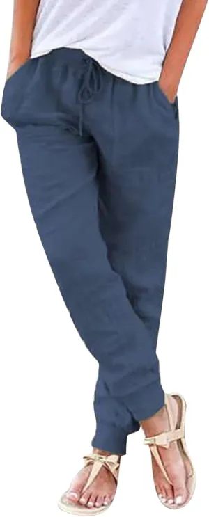PTOLOCIF Women's Cotton Linen Pants Drawstring Back Elastic Waist Pants High Waist Casual Lounge Trousers with Pockets