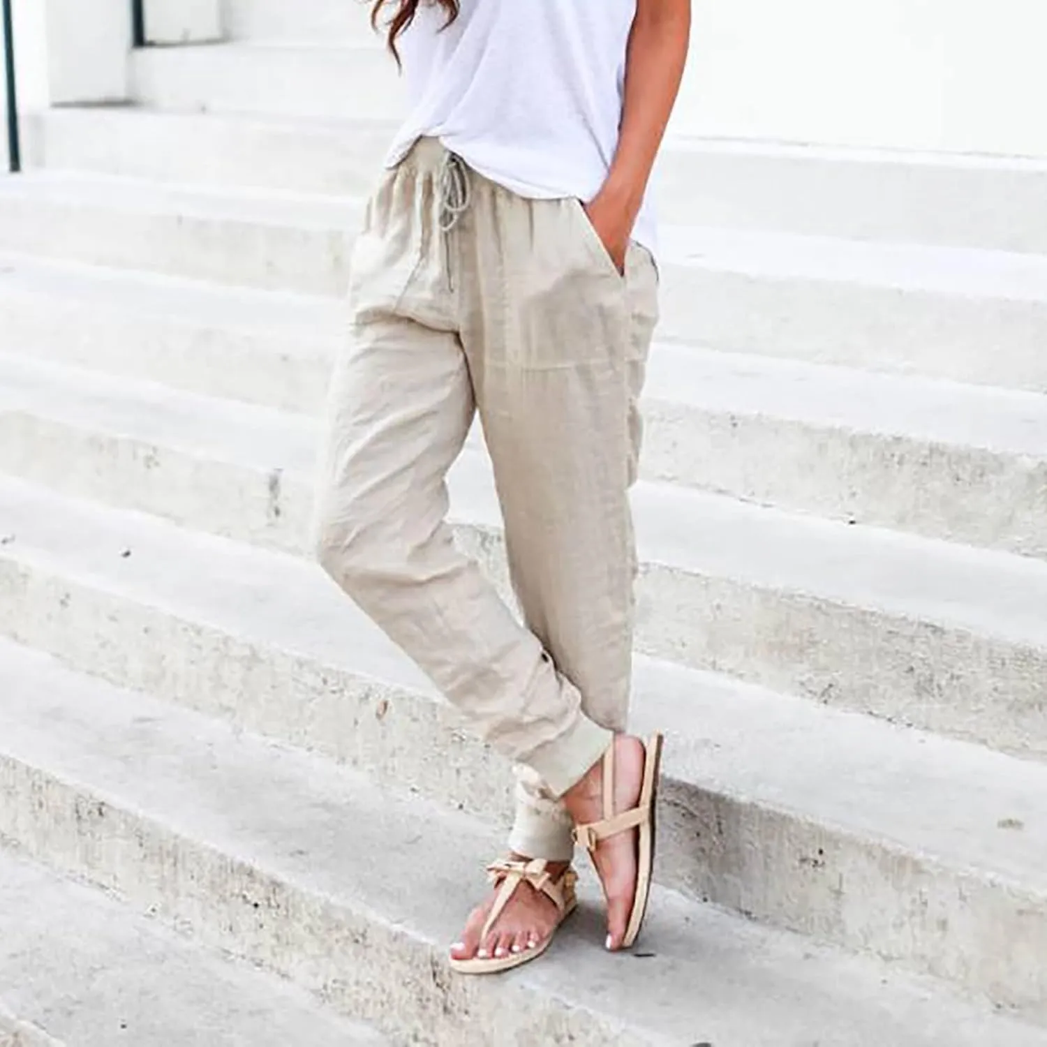 PTOLOCIF Women's Cotton Linen Pants Drawstring Back Elastic Waist Pants High Waist Casual Lounge Trousers with Pockets