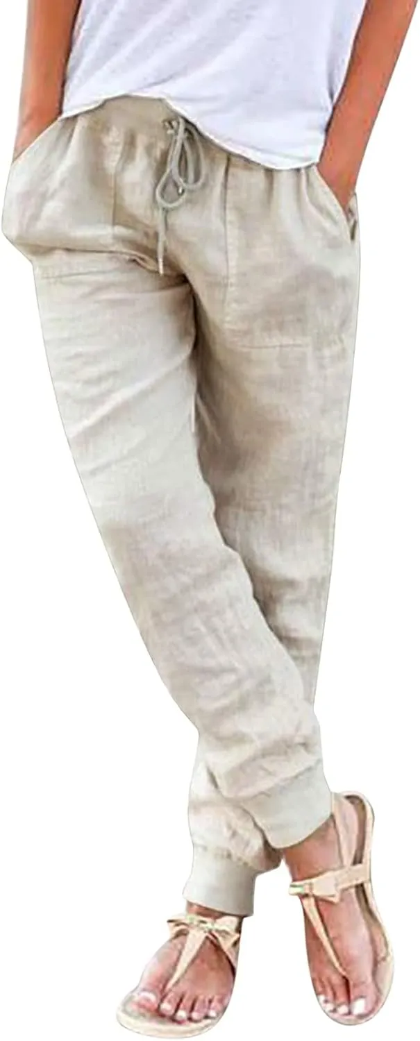 PTOLOCIF Women's Cotton Linen Pants Drawstring Back Elastic Waist Pants High Waist Casual Lounge Trousers with Pockets