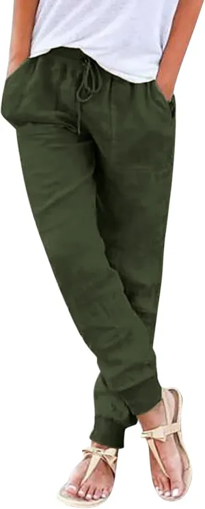 PTOLOCIF Women's Cotton Linen Pants Drawstring Back Elastic Waist Pants High Waist Casual Lounge Trousers with Pockets
