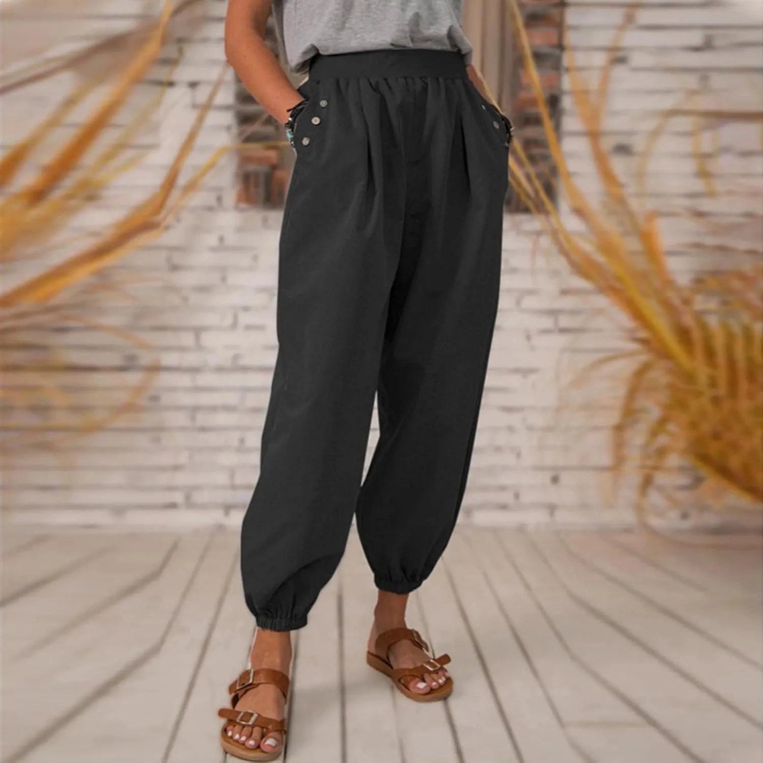 PTOLOCIF Women's Cotton Linen Pants Lightweight Cropped Wide Leg Pants Elastic Waist Casual Palazzo Trousers with Pockets