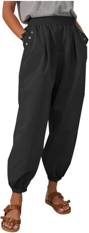 PTOLOCIF Women's Cotton Linen Pants Lightweight Cropped Wide Leg Pants Elastic Waist Casual Palazzo Trousers with Pockets
