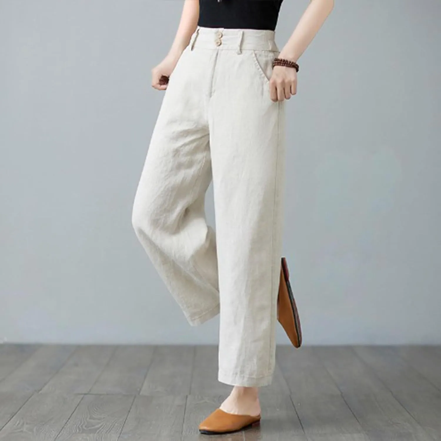 PTOLOCIF Women's Cotton Linen Pants Summer Drawstring Elastic Waist Pants Wide Leg Cropped Lounge Trousers with Pockets