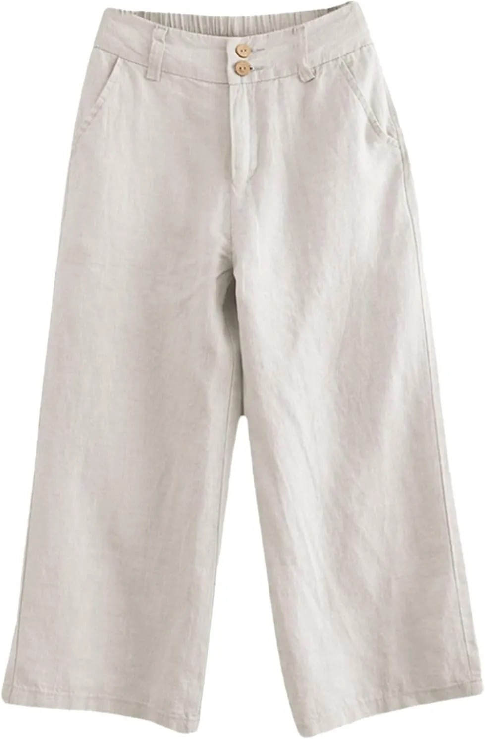 PTOLOCIF Women's Cotton Linen Pants Summer Drawstring Elastic Waist Pants Wide Leg Cropped Lounge Trousers with Pockets