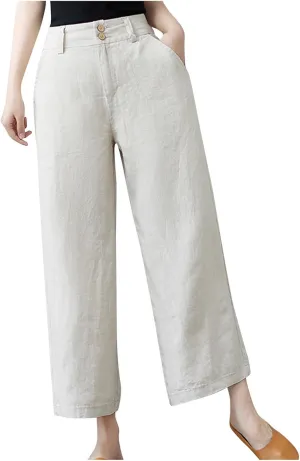 PTOLOCIF Women's Cotton Linen Pants Summer Drawstring Elastic Waist Pants Wide Leg Cropped Lounge Trousers with Pockets