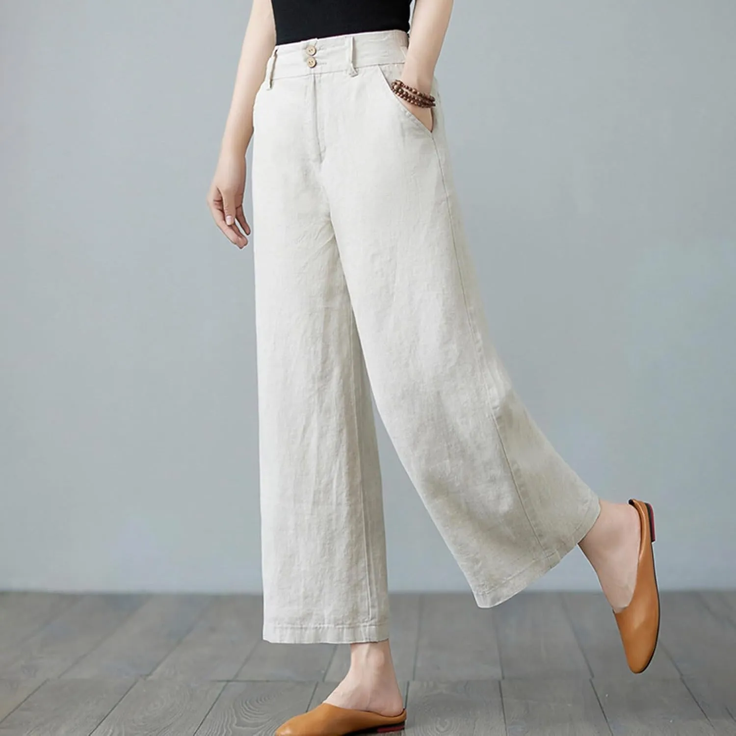 PTOLOCIF Women's Cotton Linen Pants Summer Drawstring Elastic Waist Pants Wide Leg Cropped Lounge Trousers with Pockets