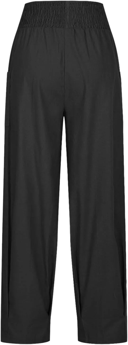 PTOLOCIF Womens Cotton Linen Pants Summer Drawstring Waist Pants Wide Leg Loose Cotton Linen Palazzo Trousers with Pockets