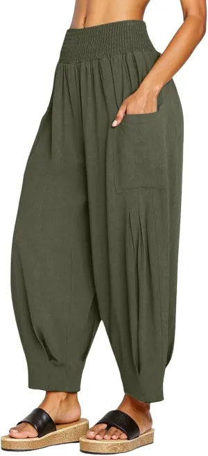 PTOLOCIF Womens Cotton Linen Pants Summer Drawstring Waist Pants Wide Leg Loose Cotton Linen Palazzo Trousers with Pockets