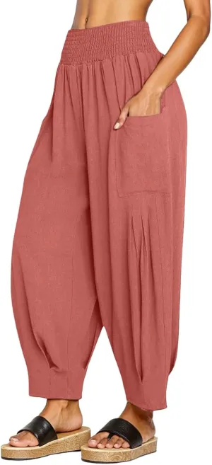 PTOLOCIF Womens Cotton Linen Pants Summer Drawstring Waist Pants Wide Leg Loose Cotton Linen Palazzo Trousers with Pockets