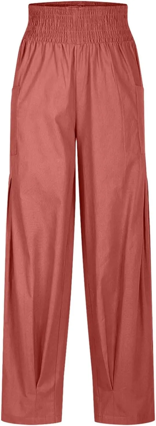 PTOLOCIF Womens Cotton Linen Pants Summer Drawstring Waist Pants Wide Leg Loose Cotton Linen Palazzo Trousers with Pockets